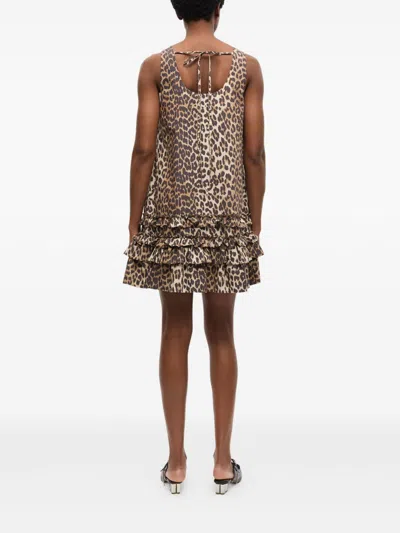 Ganni Brown Leopard Cotton Poplin Mini Dress In Brown