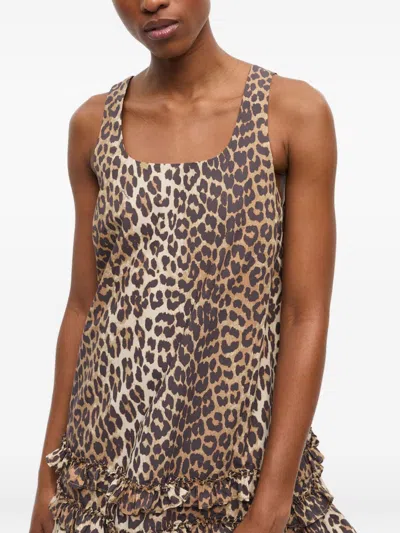 Ganni Brown Leopard Cotton Poplin Mini Dress In Brown