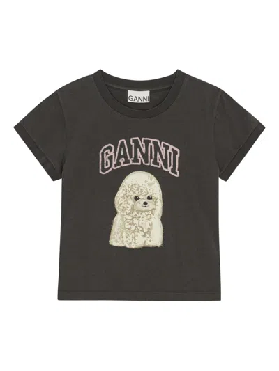 Ganni Women Black T-shirt With Round Neck And Maxi Logo On The Front In Cotton Woman In Black