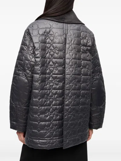 Ganni Shiny Black Quilted Midi Jacket With Pointed Collar In Black