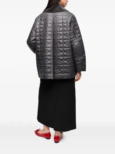 Ganni Shiny Black Quilted Midi Jacket With Pointed Collar In Black
