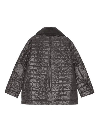 Ganni Shiny Black Quilted Midi Jacket With Pointed Collar In Black