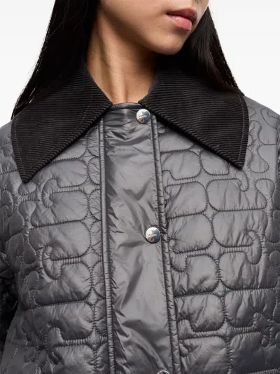 Ganni Shiny Black Quilted Midi Jacket With Pointed Collar In Black