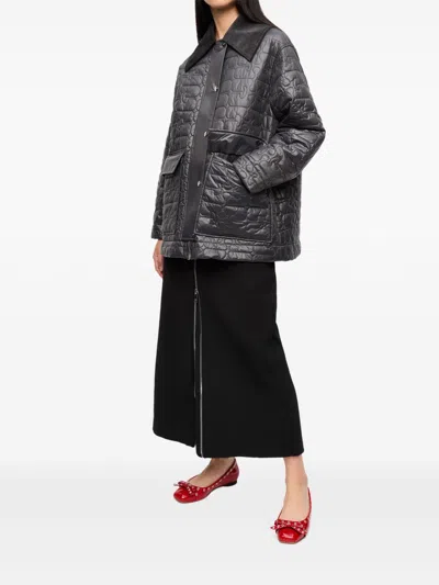 Ganni Shiny Black Quilted Midi Jacket With Pointed Collar In Black