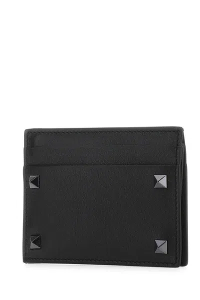 Valentino Garavani Men Black Leather Rockstud Card Holder In Black