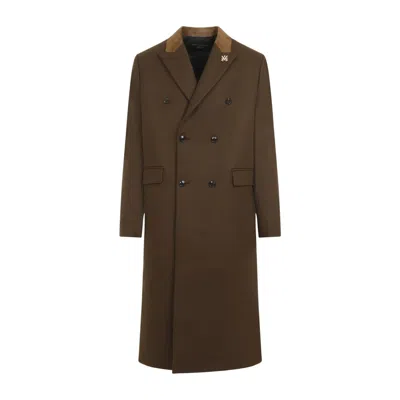 Amiri Wool Blend Double-breasted Coat With Suede Collar For Men