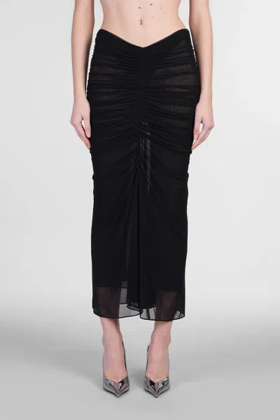 Mugler Black Ruched Mesh Midi Skirt In Black