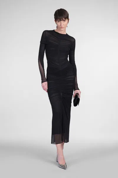Mugler Black Ruched Mesh Midi Skirt In Black