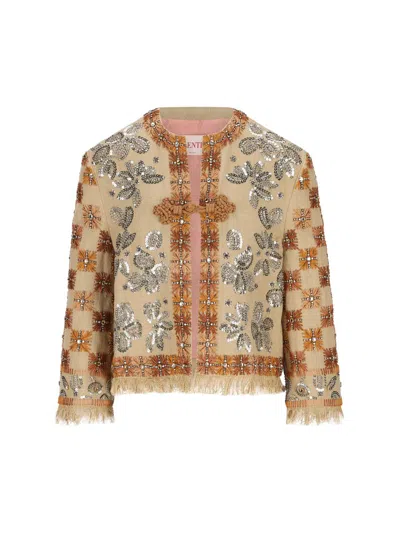 Valentino Garavani Linen Blazer With Intricate Ethnic Embroidery In Brown