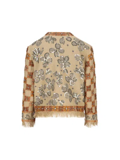 Valentino Garavani Linen Blazer With Intricate Ethnic Embroidery In Brown