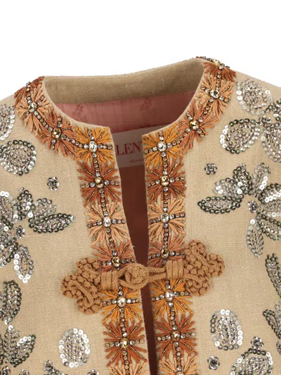 Valentino Garavani Linen Blazer With Intricate Ethnic Embroidery In Brown