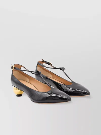 Ferragamo Round Toe T-bar Strap Gold Heel In Black