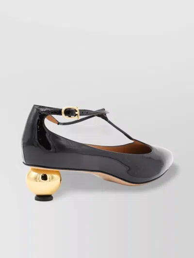 Ferragamo Round Toe T-bar Strap Gold Heel In Black