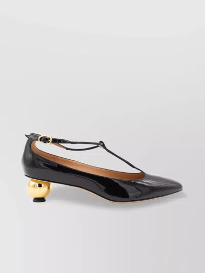 Ferragamo Round Toe T-bar Strap Gold Heel In Black