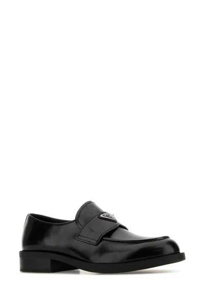 Prada Black Brushed Calf Leather Loafers In Black