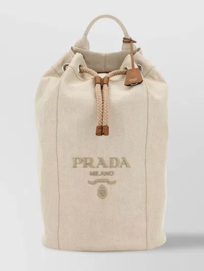 Prada Canvas Backpack With Eyelet Detailing And Top Handle In Neutral