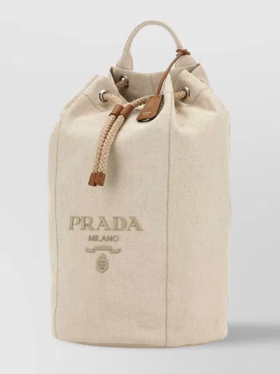 Prada Canvas Backpack With Eyelet Detailing And Top Handle In Neutral