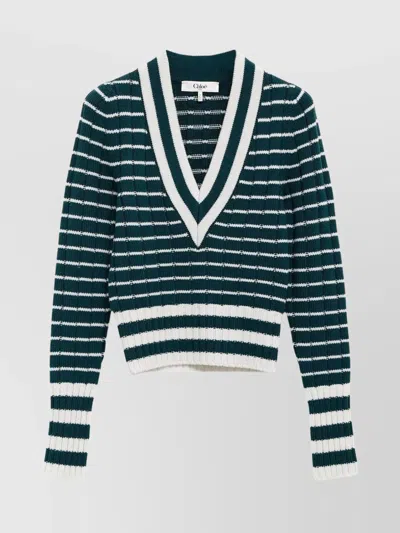 Chloé Striped Ribbed Knit Jumper Lace Detail In Green