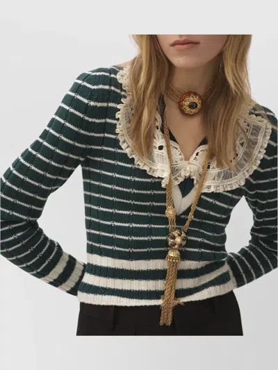 Chloé Striped Ribbed Knit Jumper Lace Detail In Green