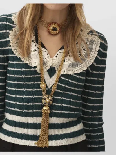 Chloé Striped Ribbed Knit Jumper Lace Detail In Green
