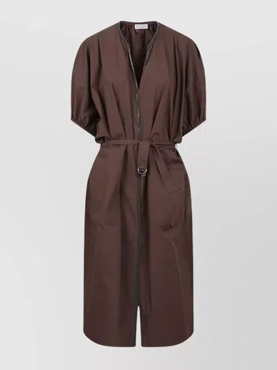 Brunello Cucinelli Balloon Sleeve Cotton Poplin Dress With Monili Embroidery In Brown