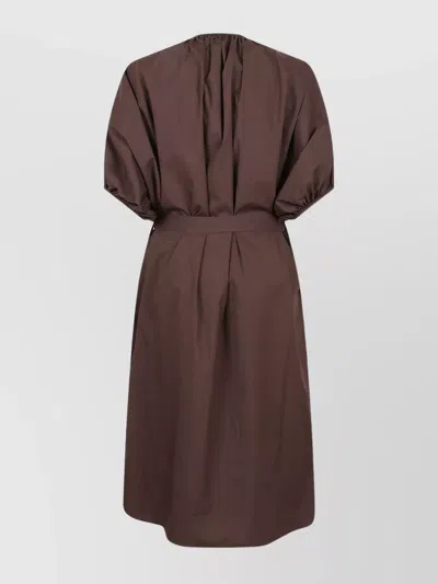 Brunello Cucinelli Balloon Sleeve Cotton Poplin Dress With Monili Embroidery In Brown
