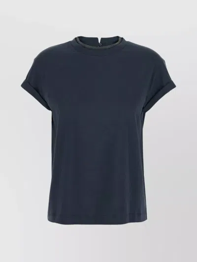 Brunello Cucinelli Blue Crewneck T-shirt With Monil Detail On The Collar And Rear Cut-out In Cotton Stretch Woman In Blue