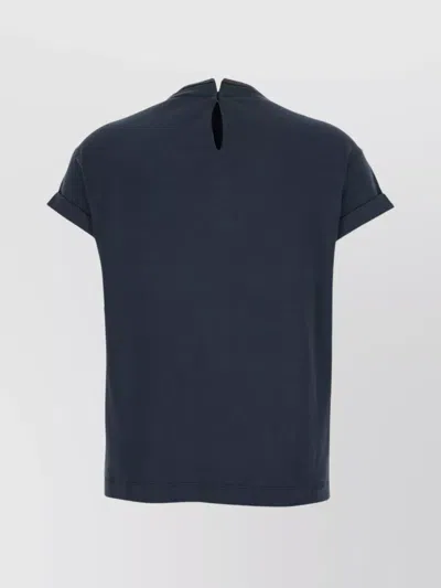 Brunello Cucinelli Blue Crewneck T-shirt With Monil Detail On The Collar And Rear Cut-out In Cotton Stretch Woman In Blue