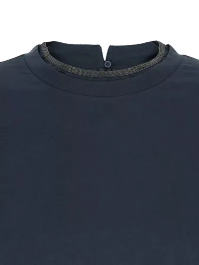 Brunello Cucinelli Blue Crewneck T-shirt With Monil Detail On The Collar And Rear Cut-out In Cotton Stretch Woman In Blue