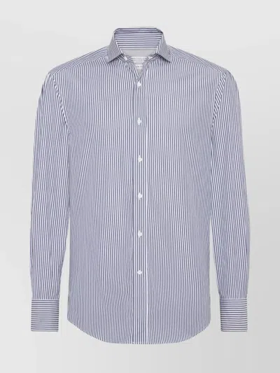 Brunello Cucinelli Striped Cotton Shirt With Button-down Collar In Blue
