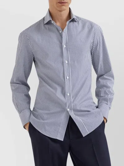 Brunello Cucinelli Striped Cotton Shirt With Button-down Collar In Blue