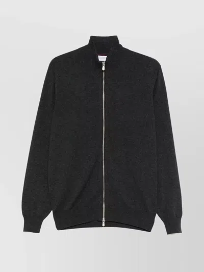 Brunello Cucinelli High Neck Cashmere Cardigan With Ribbed Cuffs In Black