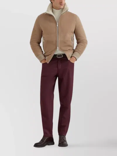 Brunello Cucinelli Bomber Jacket With Shearling Collar And Ribbed Finish In Brown