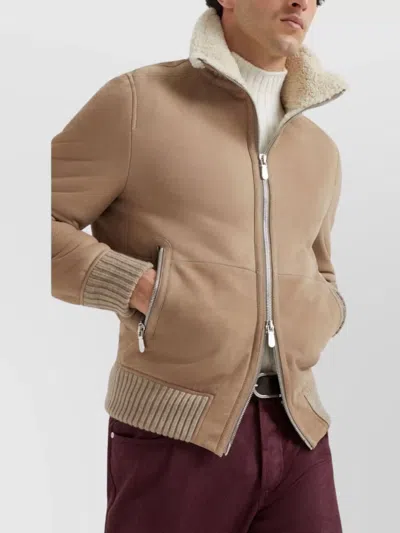 Brunello Cucinelli Bomber Jacket With Shearling Collar And Ribbed Finish In Brown