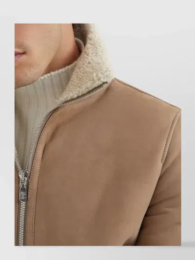 Brunello Cucinelli Bomber Jacket With Shearling Collar And Ribbed Finish In Brown