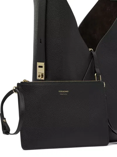 Ferragamo Textured Leather Hobo Shoulder Bag In Black