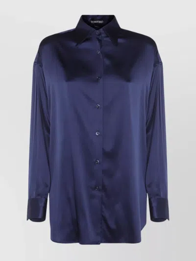 Tom Ford Collared Neck Satin Finish Long Sleeves In Blue