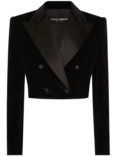 Dolce & Gabbana Cropped Cotton-blend Tuxedo Jacket In Black