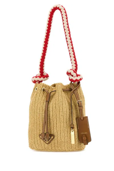 Prada Mini Bucket Bag With Braided Handle And Woven Texture In Neutral