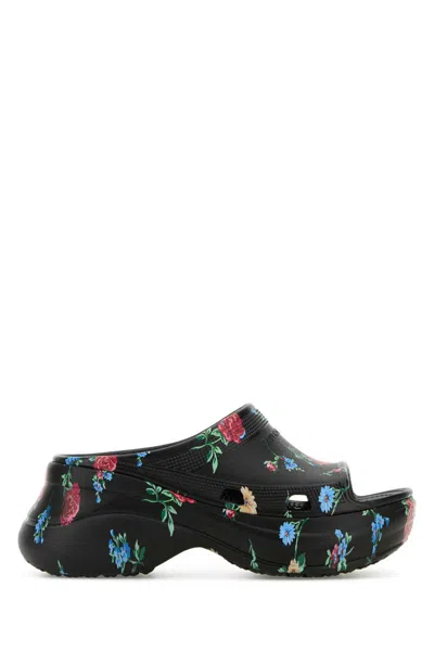 Balenciaga Floral Pattern Rubber Pool Slide Sandals In Black