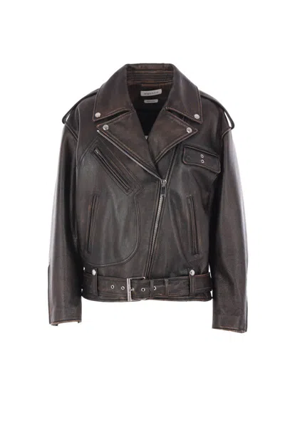 Alexander Mcqueen Waist Belted Epaulettes Lapels Zippered Pockets In Black