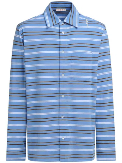 Marni Light Blue Cotton Turtleneck Polo With Horizontal Stripes