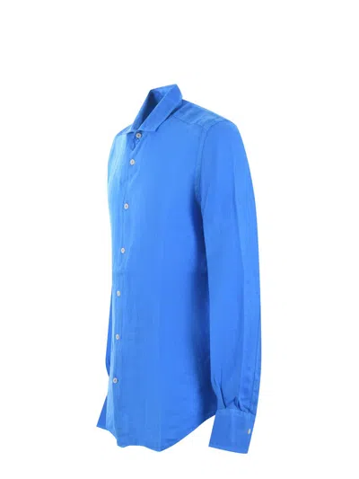 Mc2 Saint Barth Man Watercolor Bluette Linen Shirt Pamplona In Blue