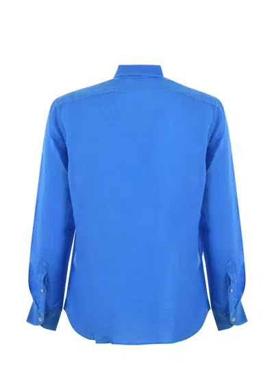 Mc2 Saint Barth Man Watercolor Bluette Linen Shirt Pamplona In Blue