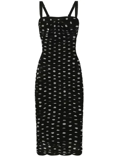 Dolce & Gabbana Draped Sheath Dress In Polka Dot Print Tulle In Black