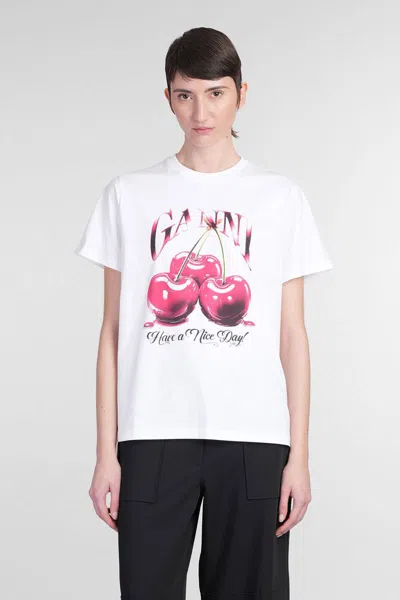 Ganni White T-shirt With Cherry Print And Logo Lettering On The Front In Cotton Woman