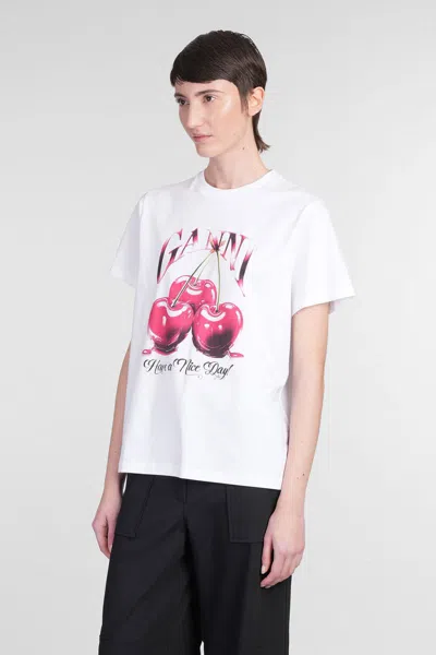 Ganni White T-shirt With Cherry Print And Logo Lettering On The Front In Cotton Woman