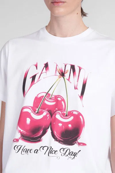 Ganni White T-shirt With Cherry Print And Logo Lettering On The Front In Cotton Woman