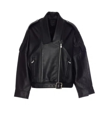 Pinko Cropped Leather Jacket With Asymmetrical Zip