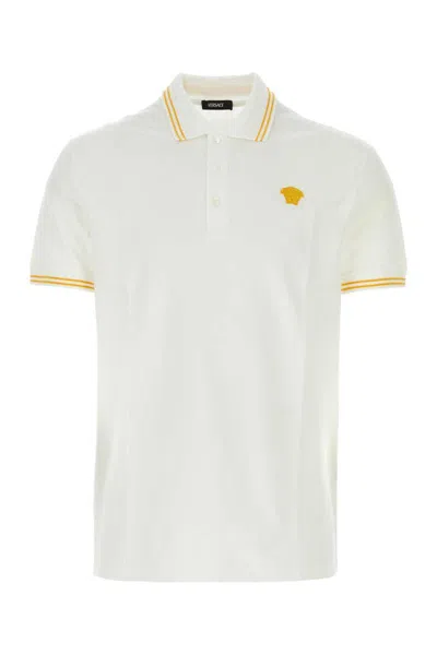 Versace White Polo Shirt With Classic Collar And Medusa Embroidery On The Front In White